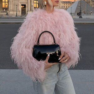 Pink Casual Women's Crew Neck Long Haired Coat